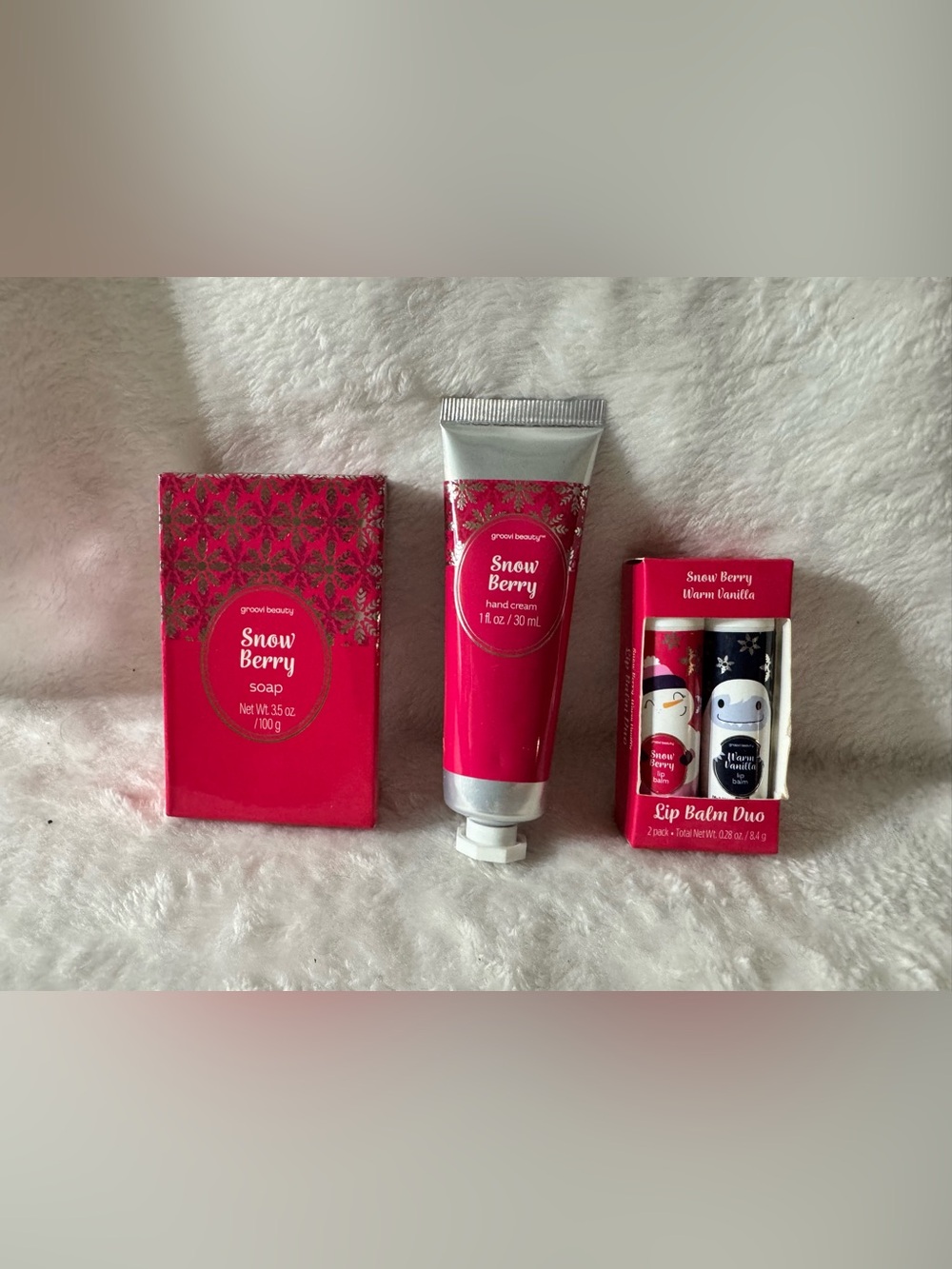 Groovi Beauty Snow Berry Hand Cream/Soap/Lip Balm PLUS Warm Vanilla Lip Balm